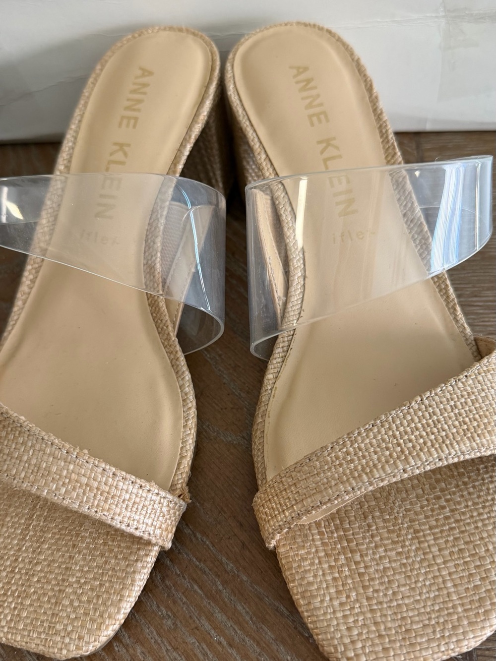 Anne Klein Clear Strap Woven Slide Sandals in Tan
